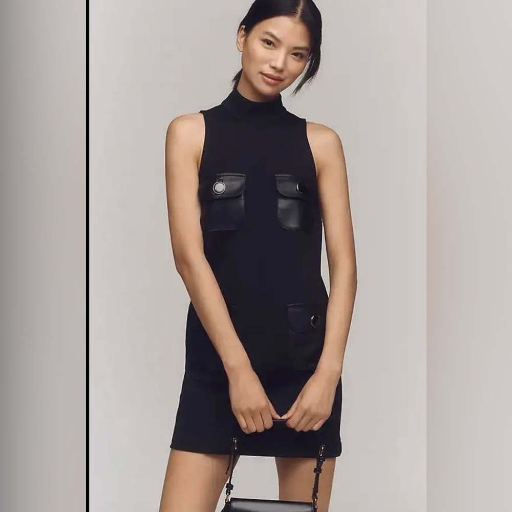 Anthropologie Maeve Black Sleeveless Mockneck Shift Mini Dress Size Small Retro